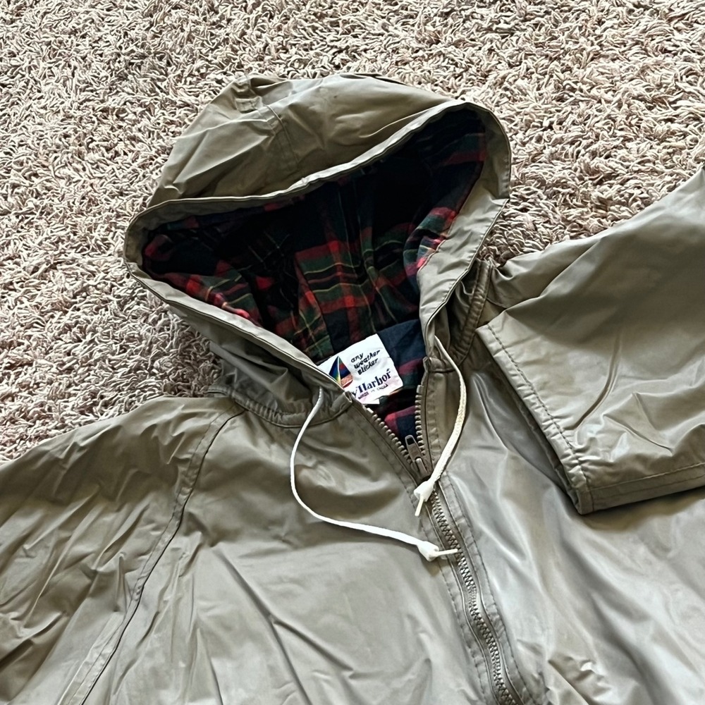 Misty Harbor Any Weather Slicker Khaki Rain Jacket Plaid Lined Hooded Sz Large